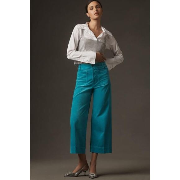NWT Anthropologie Colette Cropped Corduroy Wide Leg Pants Sz 24 Turquoise #7F405 - Picture 1 of 9
